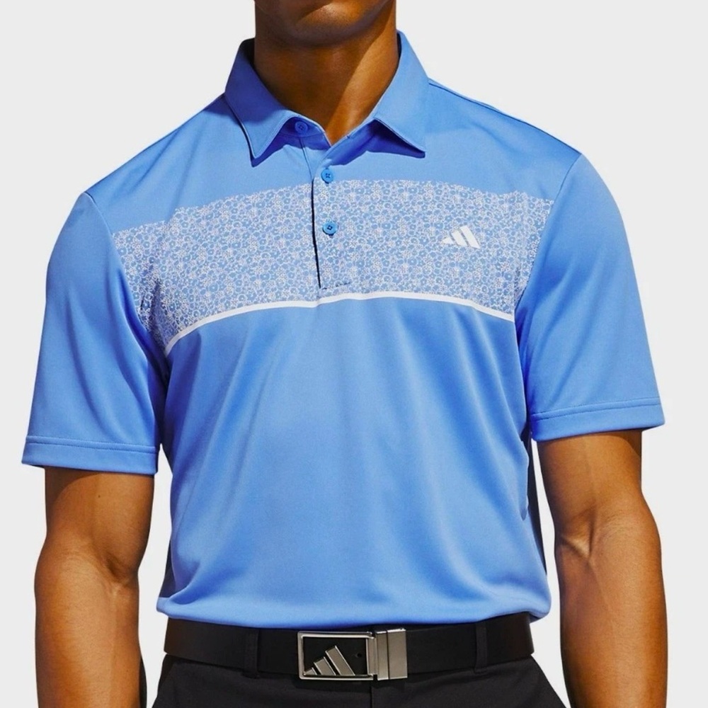**NWT** ADIDAS Men’s Blue Wicking Chest Print Golf Polo Shirt - size S